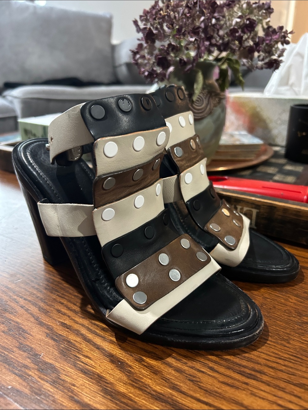 rag & bone leather Black, Brown & Cream Studded Multi-Strip Heel Sandals